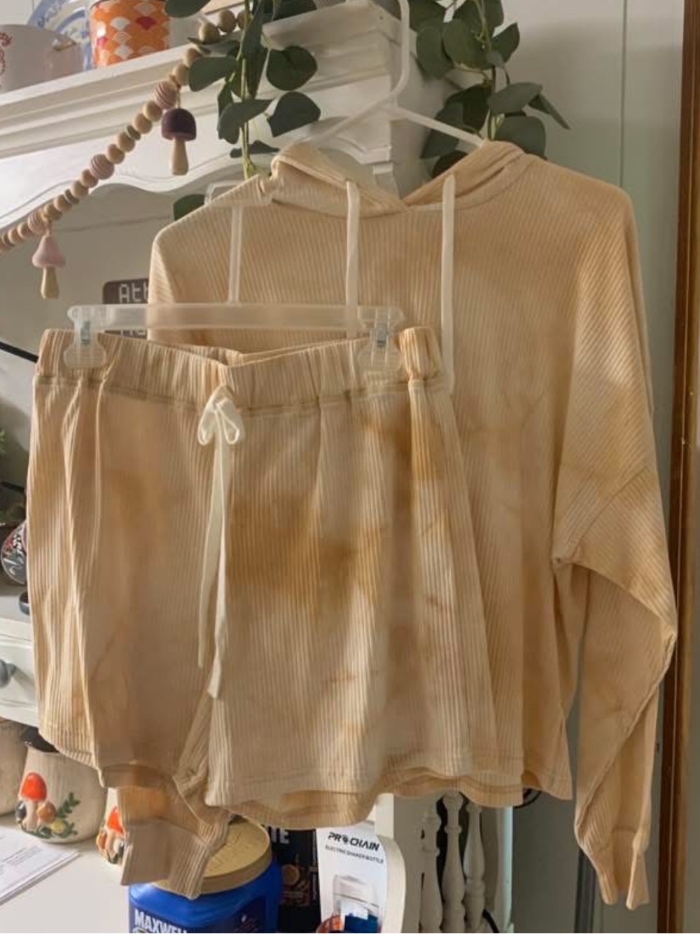 En Crème Ribbed Hoodie & Drawstring Shorts in Soft Cream